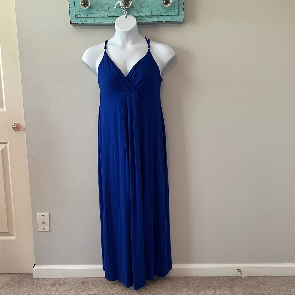 Kenar draped maxi dress, knit, very flattering, L, EUC